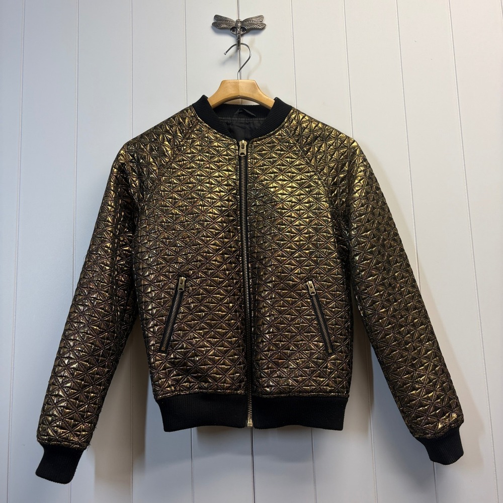 Topshop Glam Quilted Metallic Bomber Jacket Womens Size 6 Clubwear Edgy Dopamine